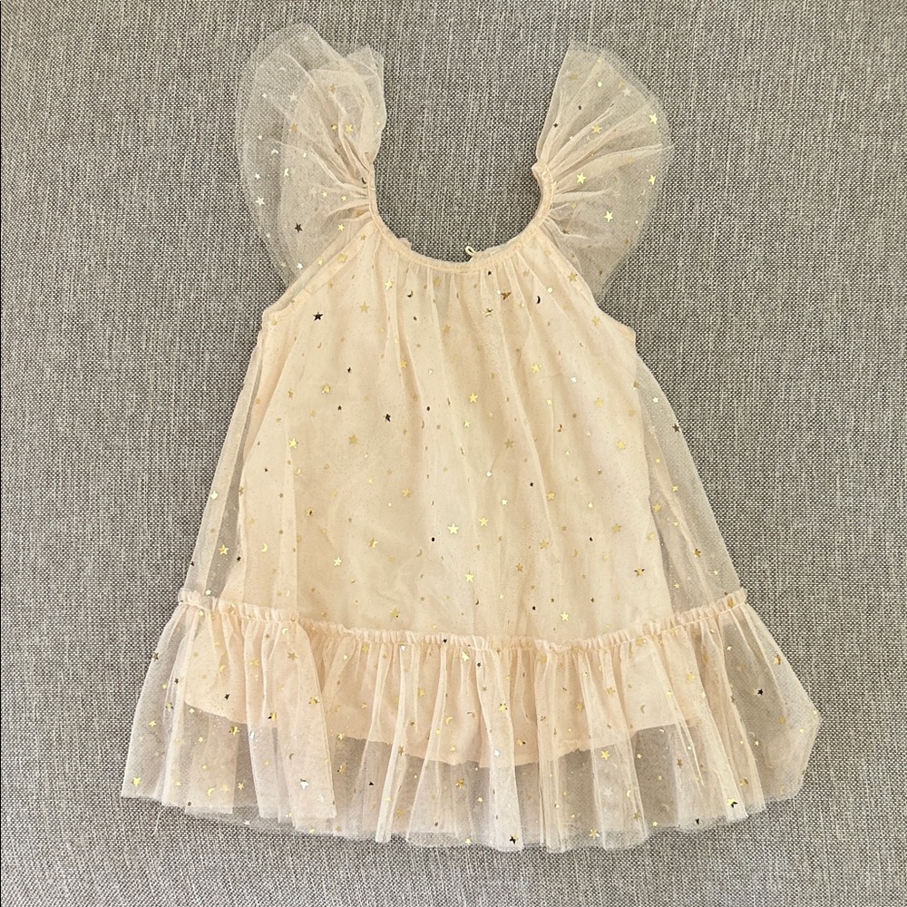 Girls Gold Star Tulle Dress - Sparkle Ruffle Casual Dress